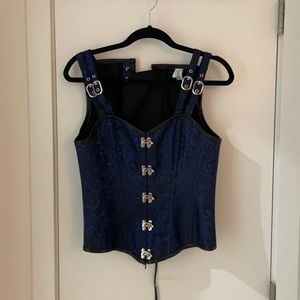 Women’s gothic steel boned brocade corset waist-cincher vest in dark blue
